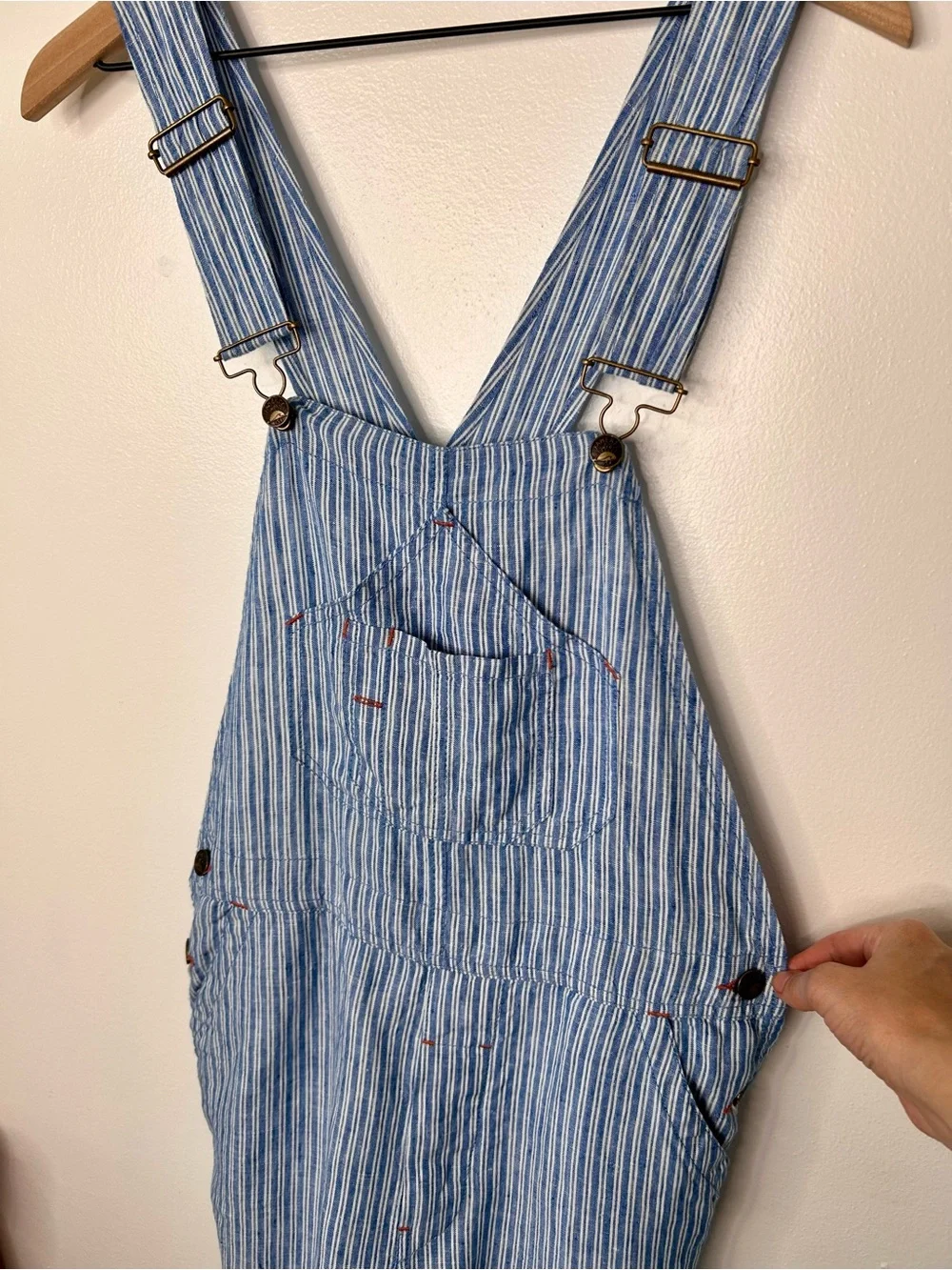 Faherty Blue & White linen railroad stripe Overalls - Picture 4 of 10